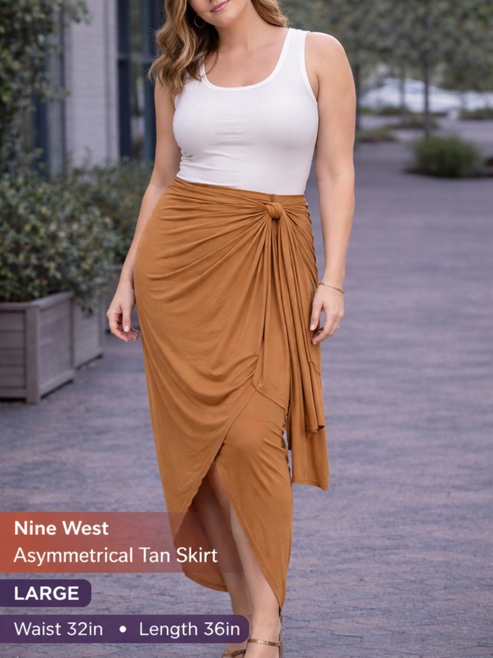 Nine West Asymmetrical Tan stretchy Skirt LARGE waist 32in length 36in